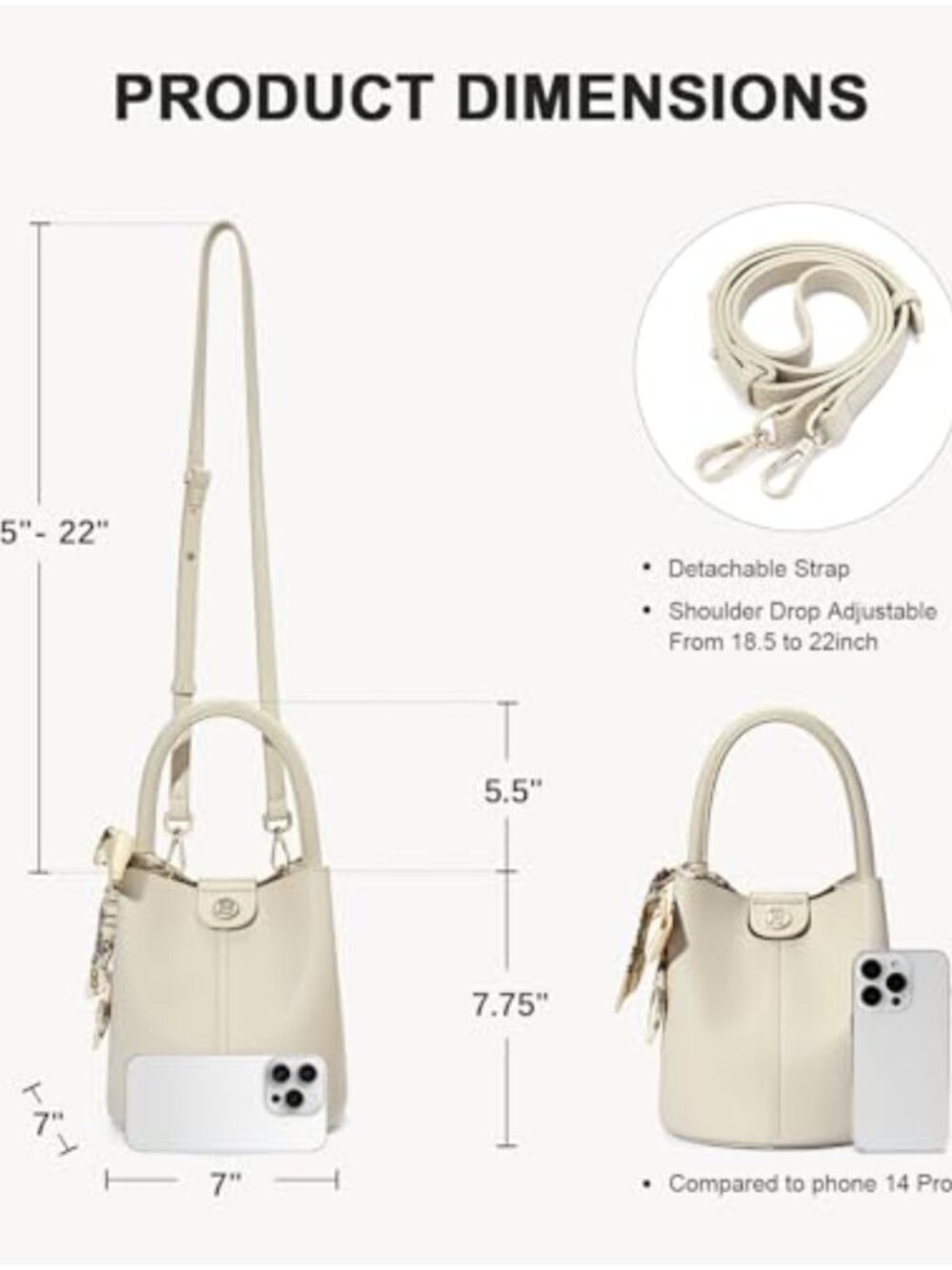 Small Bucket Crossbody Bag with Silk Scarf Adjustable Strap Foldable - Picture 2 of 6
